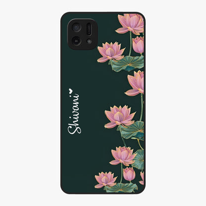 Lotus Bloom Serenity Custom Name Glass Case showing flat back view with elegant lotus flower artwork and personalized name design.