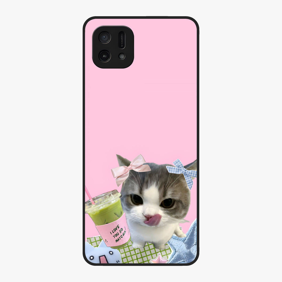 Love Matcha Cat Glass Case showing flat back view with cute cat and matcha themed artwork and glossy glass finish.