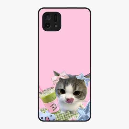 Love Matcha Cat Glass Case showing flat back view with cute cat and matcha themed artwork and glossy glass finish.