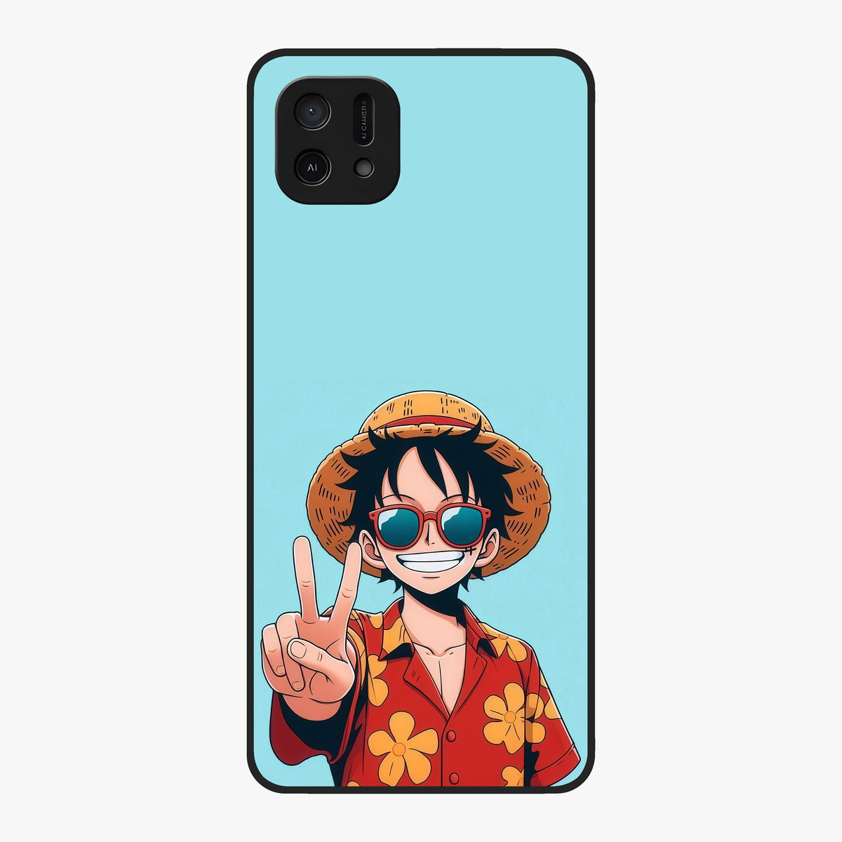 Luffy Summer Anime Vibe Glass Case showing flat back view with vibrant anime character artwork and glossy glass finish.