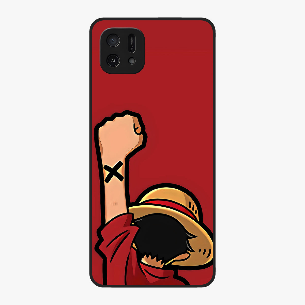 Luffy X Spirit Glass Case showing flat back view with bold anime character artwork and glossy glass finish.