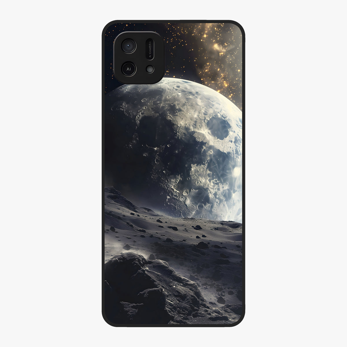 Lunar Horizon Glow Glass Case showing flat back view with glowing moon horizon artwork and glossy glass finish.