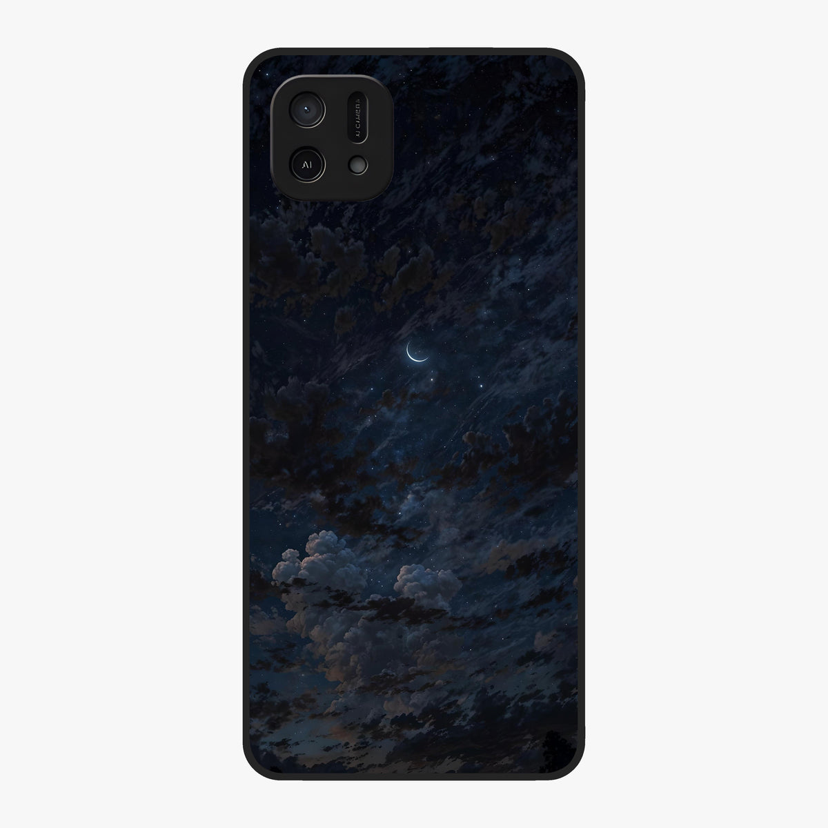 Lunar Veil Silence Glass Case showing flat back view with mystical moon veil artwork and glossy glass finish.