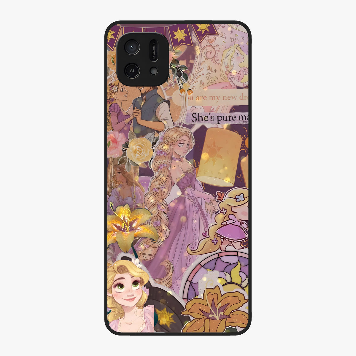 Magical Tangled Dream Glass Case showing flat back view with dreamy tangled artwork and glossy glass finish.