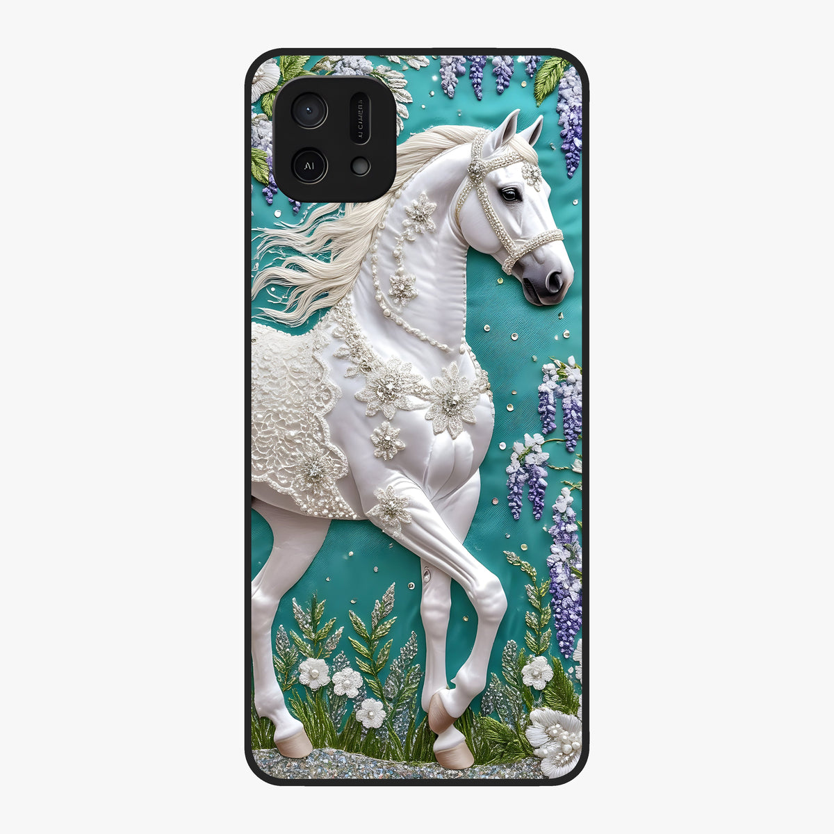 Majestic Floral Stallion Glass Case showing flat back view with powerful horse and floral artwork and glossy glass finish.