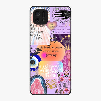 Manifestation Collage Glass Case showing flat back view with motivational collage artwork and glossy glass finish.