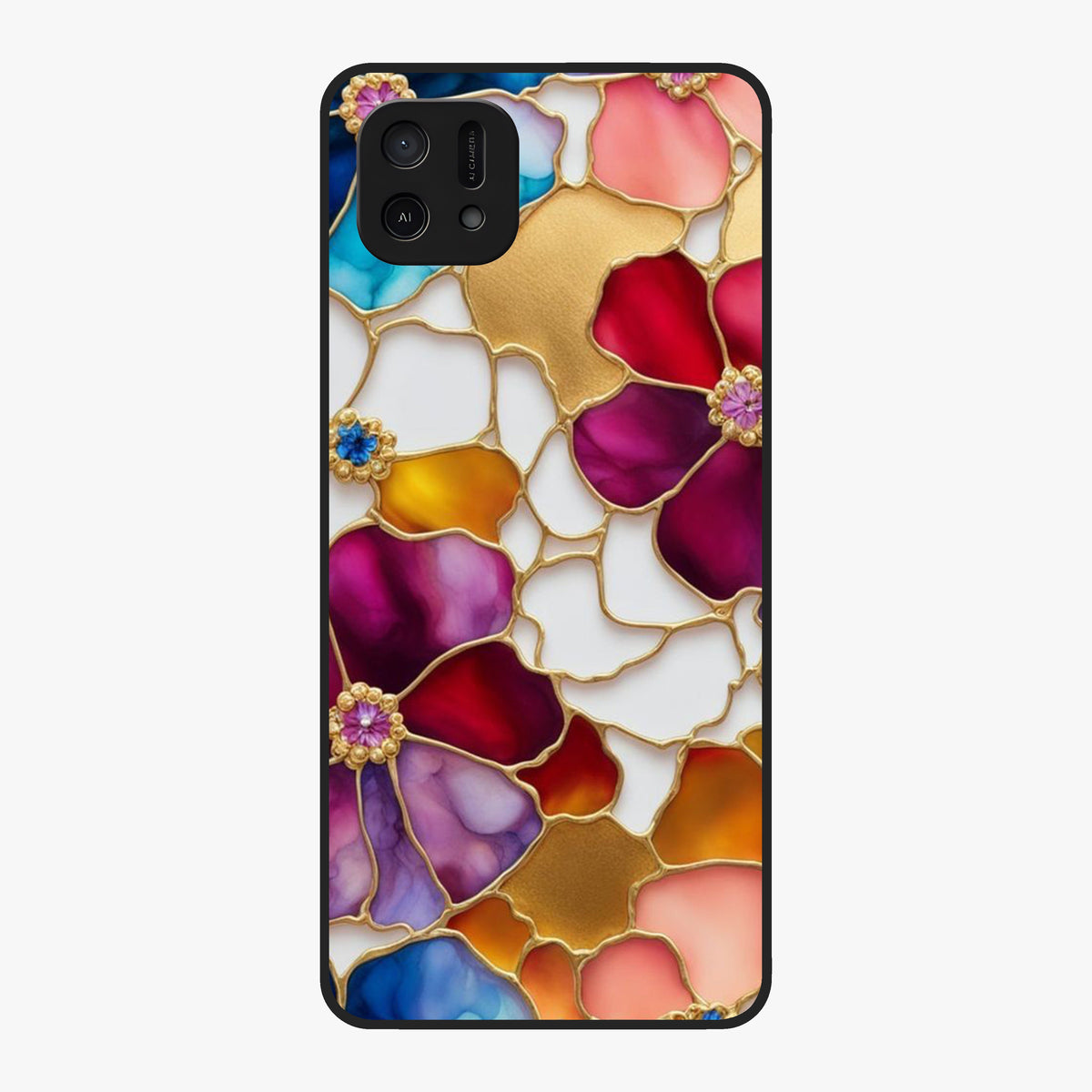 Marble Flower Pattern Glass Case showing flat back view with marble texture floral artwork and glossy glass finish.