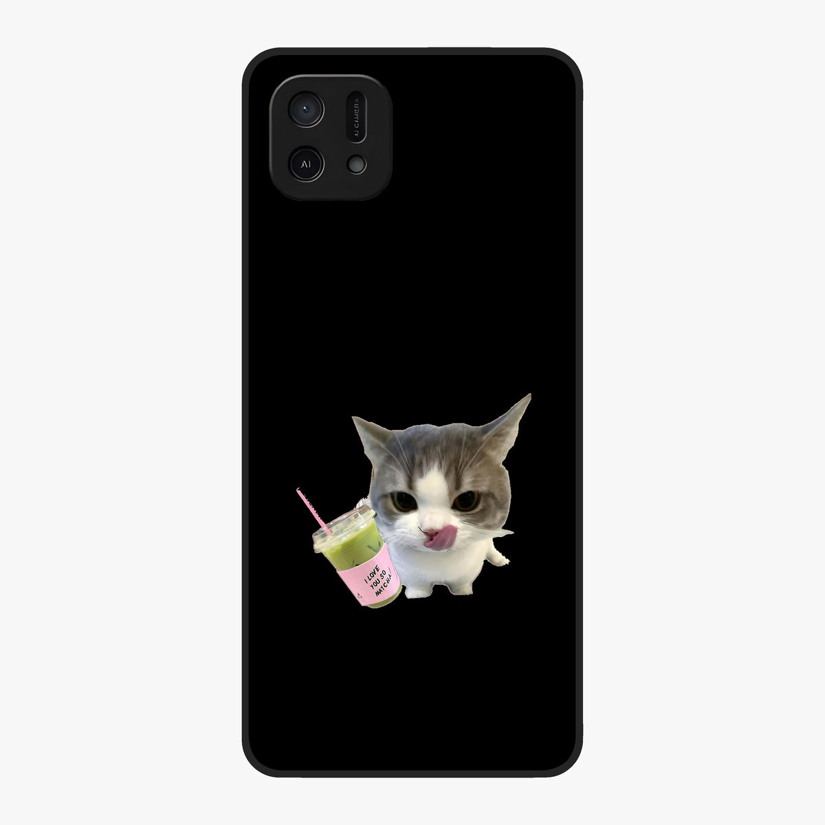 Matcha Cat Style Glass Case showing flat back view with cute matcha themed cat artwork and glossy glass finish.