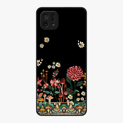 Midnight Bloom Pattern Glass Case showing flat back view with dark floral pattern artwork and glossy glass finish.