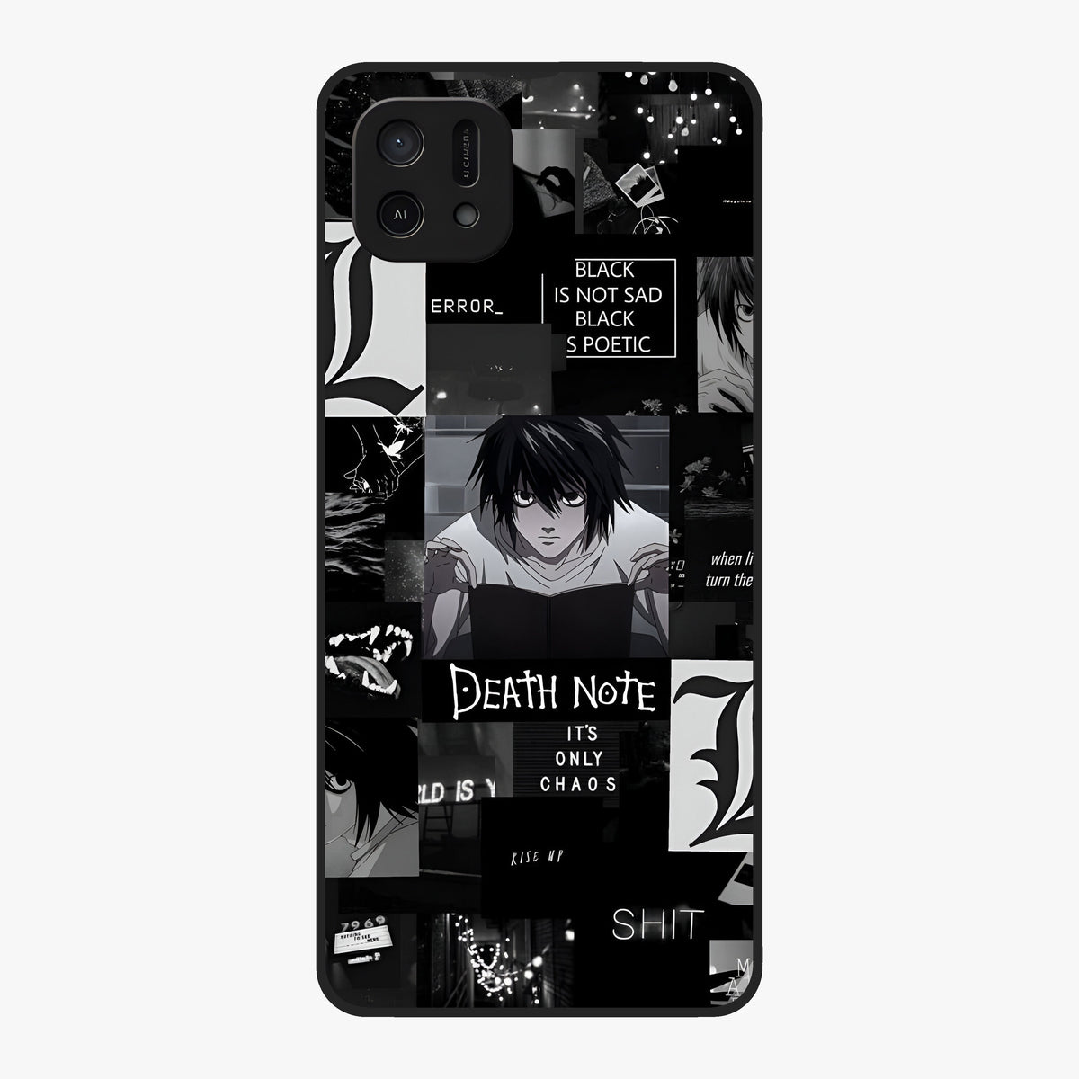 Midnight Chaos Mind Glass Case showing flat back view with abstract dark themed artwork and glossy glass finish.
