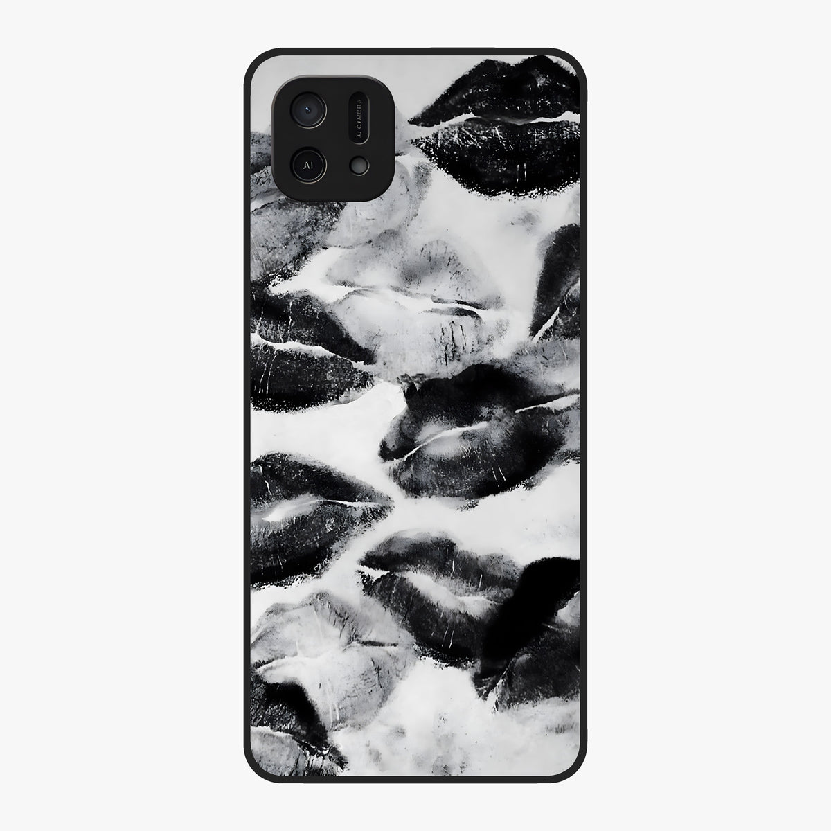 Midnight Kiss Marks Glass Case showing flat back view with lipstick kiss mark artwork and glossy glass finish.