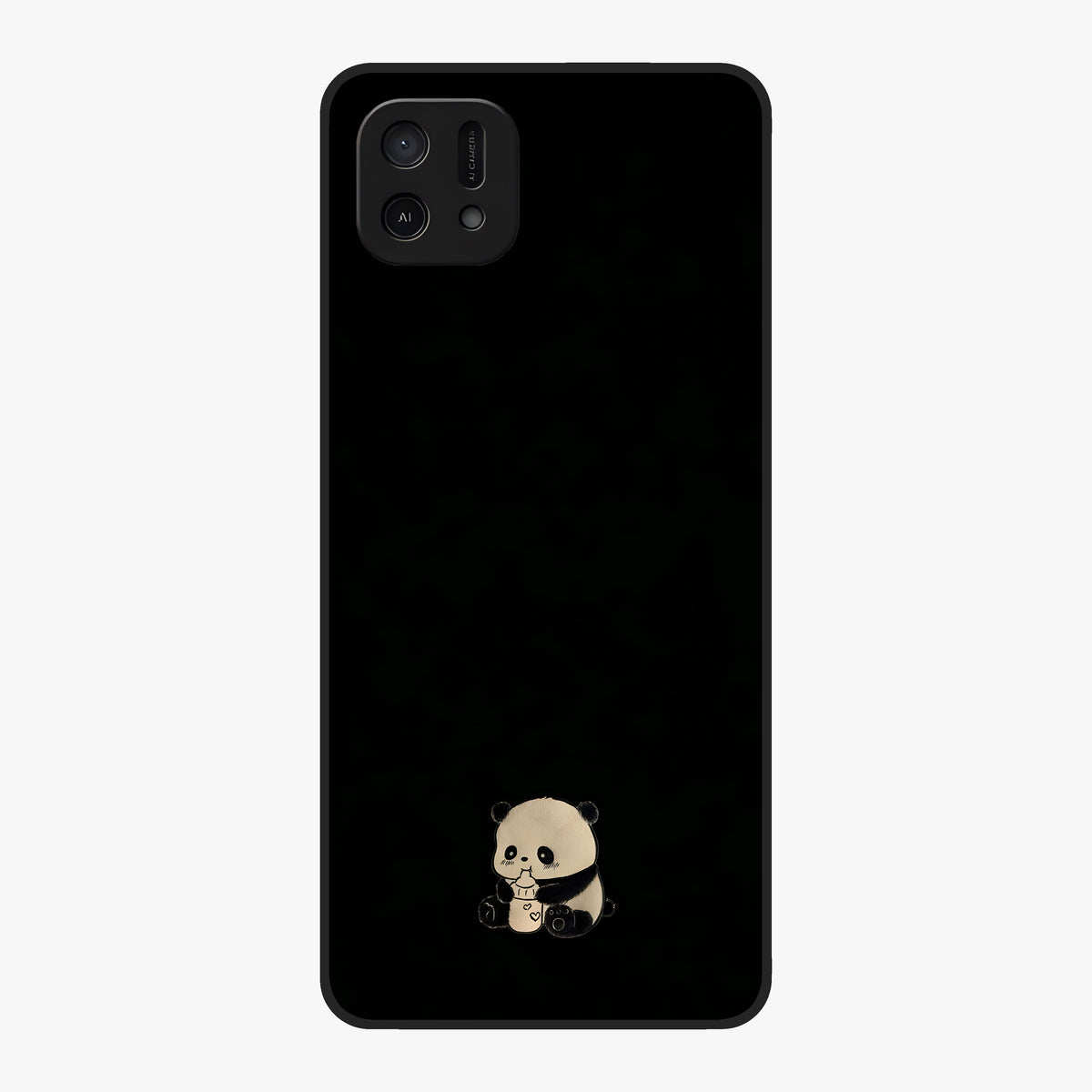 Midnight Panda Love Glass Case showing flat back view with cute panda themed artwork and glossy glass finish.