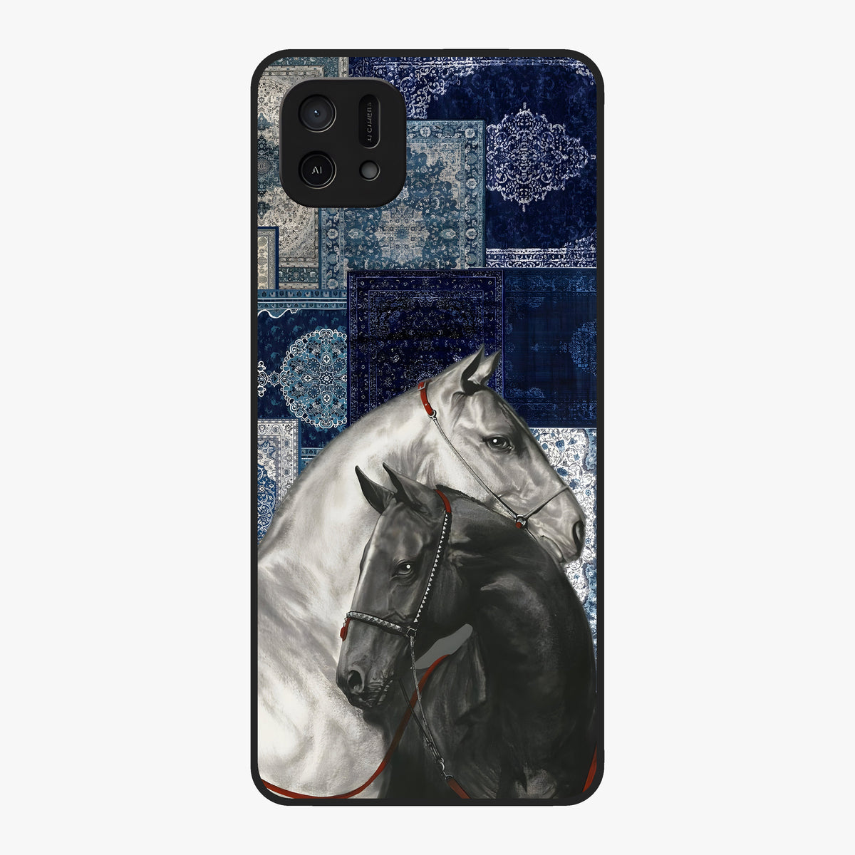 Midnight Stallion Blues Glass Case showing flat back view with majestic horse artwork and glossy glass finish.