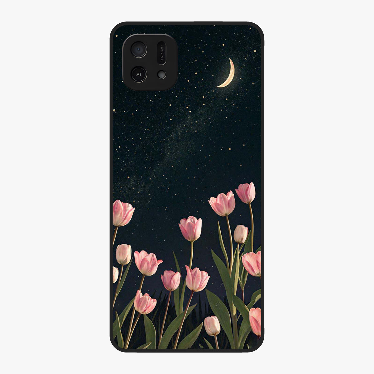 Midnight Tulip Whispers Vibe Glass Case showing flat back view with elegant tulip flower artwork and glossy glass finish.