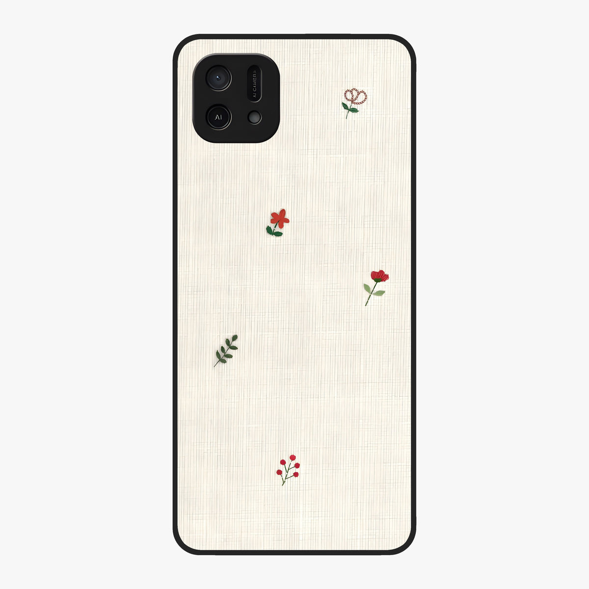 Minimal Petal Whispers Glass Case showing flat back view with soft minimal floral artwork and glossy glass finish.
