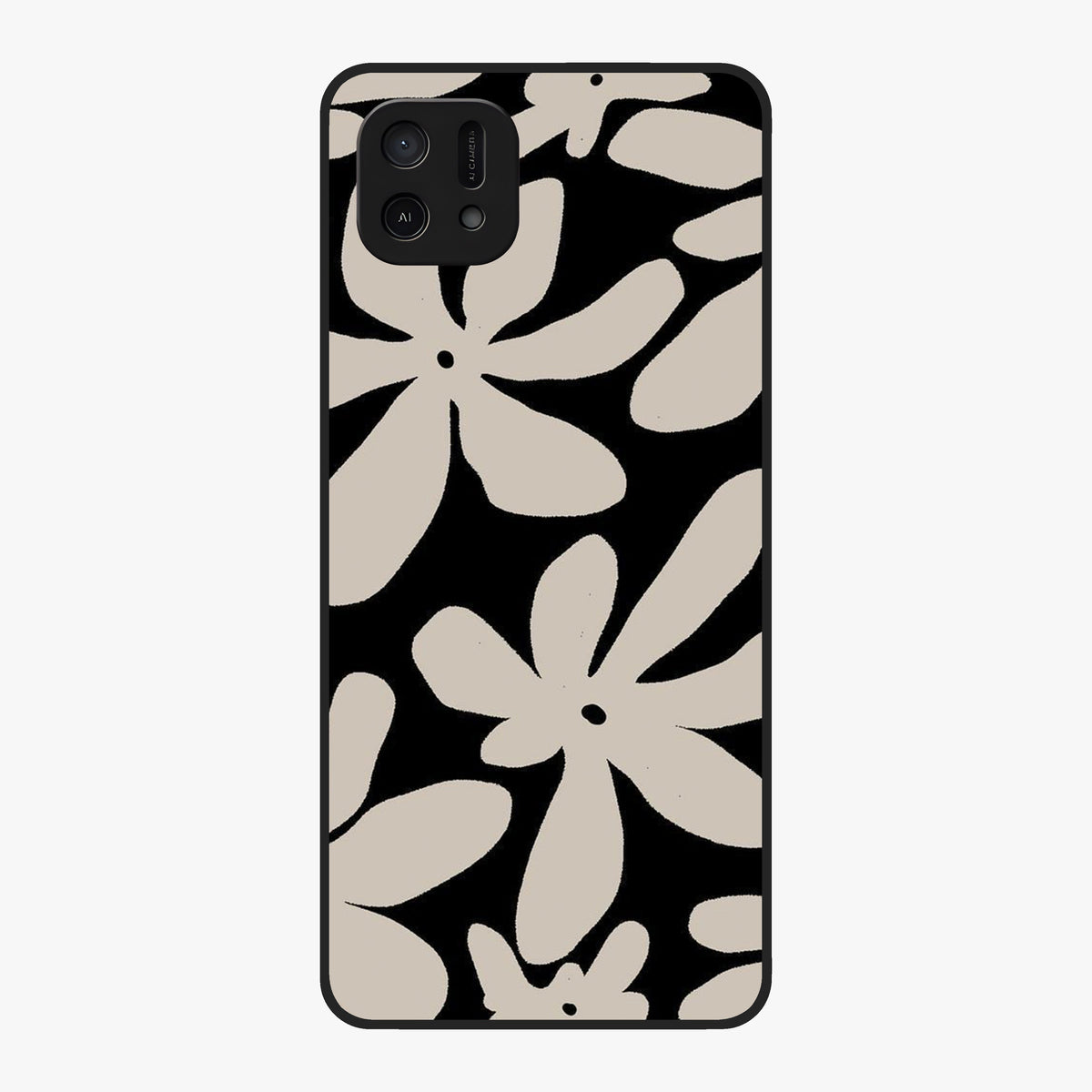 Monochrome Petal Dance Glass Case showing flat back view with monochrome floral artwork and glossy glass finish.