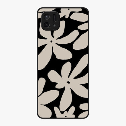 Monochrome Petal Dance Glass Case showing flat back view with monochrome floral artwork and glossy glass finish.