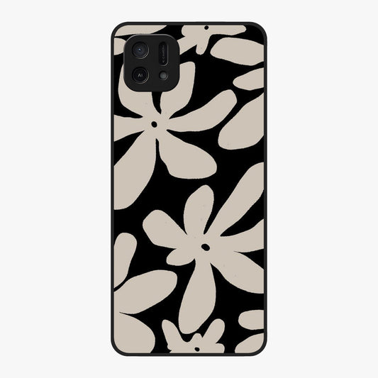 Monochrome Petal Dance Glass Case showing flat back view with monochrome floral artwork and glossy glass finish.