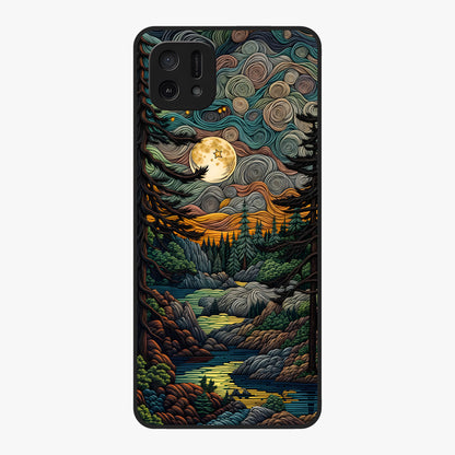 Moonlight Forest Dream Glass Case showing flat back view with mystical forest moonlight artwork and glossy glass finish.