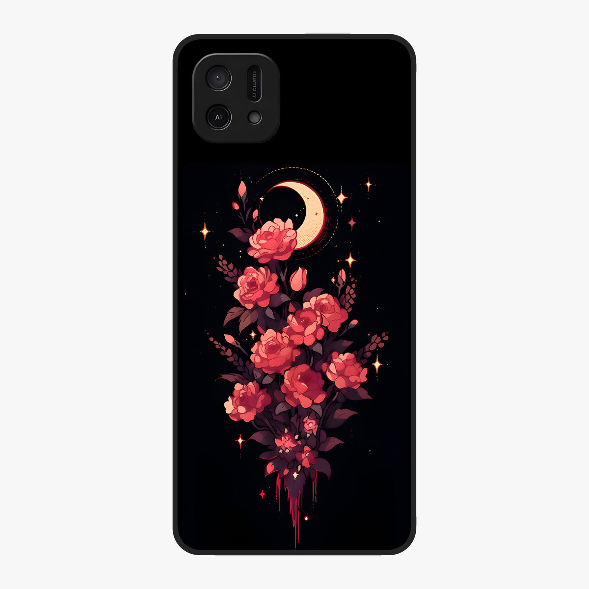 Moonlit Floral Elegance Glass Case showing flat back view with elegant floral artwork under moonlit tones and glossy glass finish.