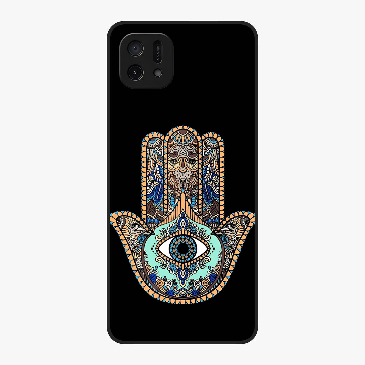 Mystic Hamsa Eye Glass Case showing flat back view with protective hamsa hand and evil eye artwork and glossy glass finish.
