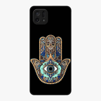 Mystic Hamsa Eye Glass Case showing flat back view with protective hamsa hand and evil eye artwork and glossy glass finish.