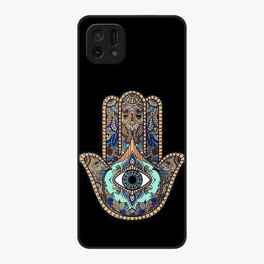 Mystic Hamsa Eye Glass Case showing flat back view with protective hamsa hand and evil eye artwork and glossy glass finish.