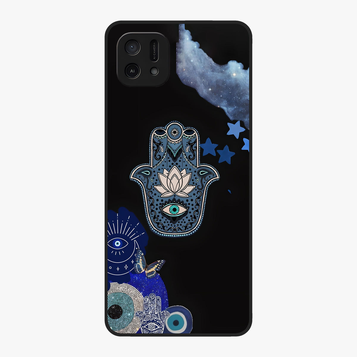 Mystic Hand Aura Glass Case showing flat back view with mystical hand symbol artwork and glossy glass finish.