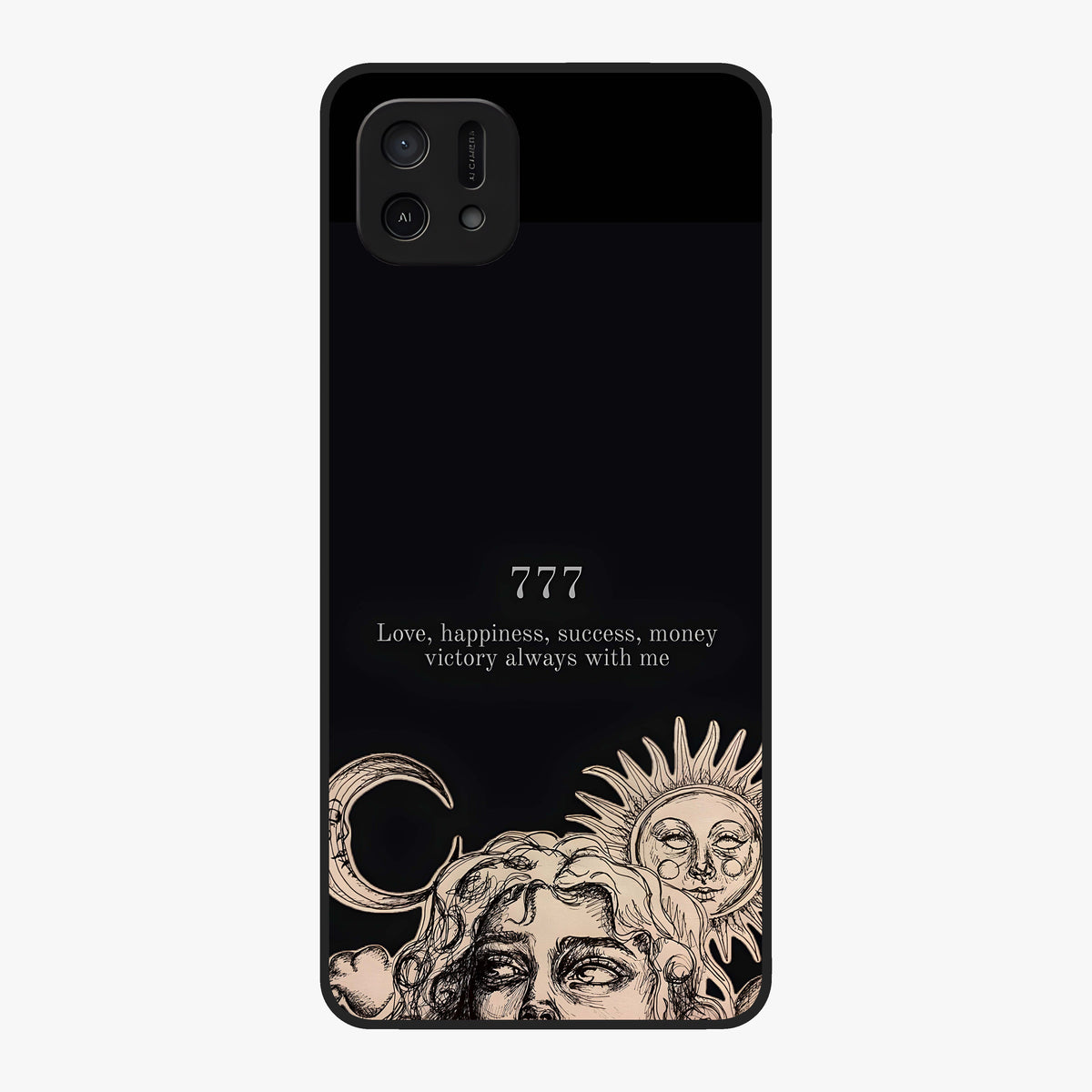 Mystic Victory Aura Glass Case showing flat back view with victory symbol artwork and glossy glass finish.