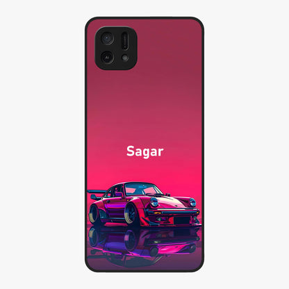 Neon Pink Porsche Glass Case showing flat back view with stylish sports car artwork and glossy glass finish.