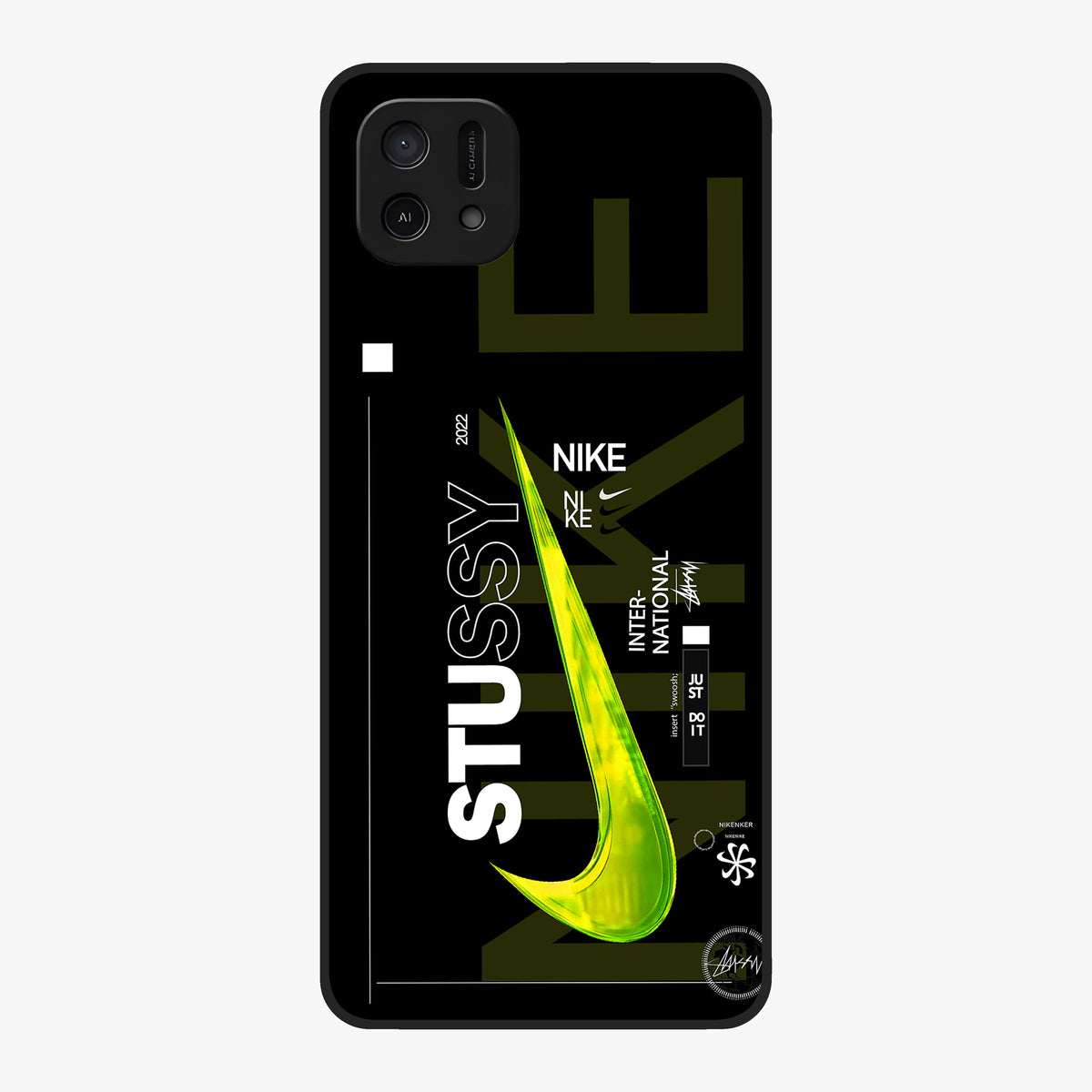 Neon Street Edition Glass Case showing flat back view with neon street style artwork and glossy glass finish.