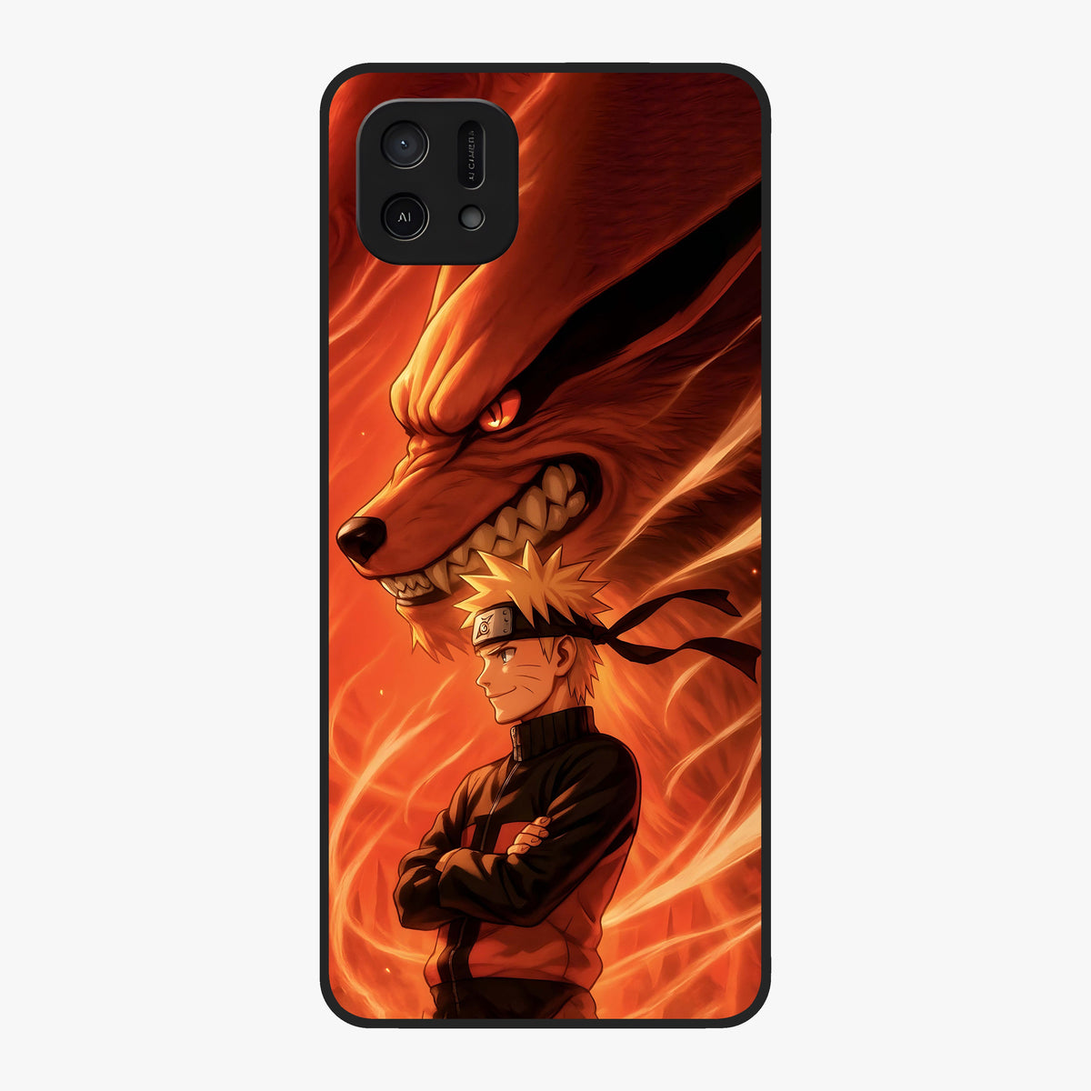 Nine Tails Legacy Glass Case showing flat back view with powerful nine-tailed fox inspired artwork and glossy glass finish.