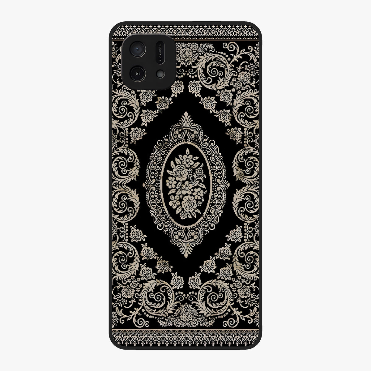 Noir Bloom Elegance Glass Case showing flat back view with elegant dark floral artwork and glossy glass finish.