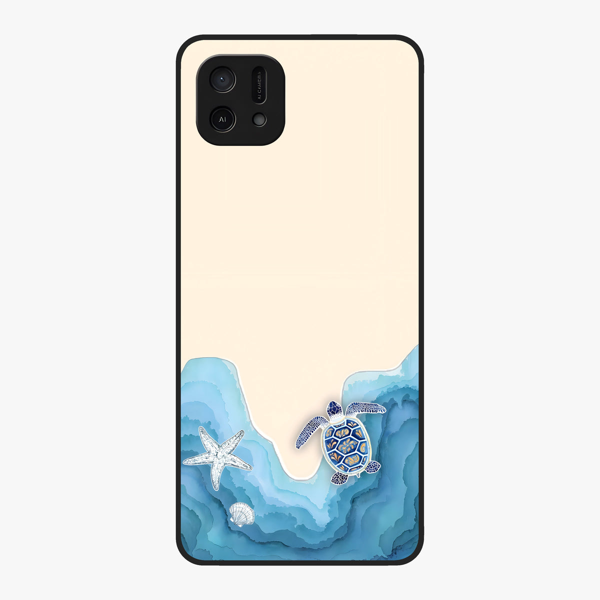 Ocean Drift Turtle Glass Case showing flat back view with sea turtle artwork and glossy glass finish.