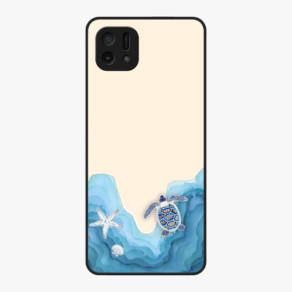 Ocean Drift Turtle Glass Case showing flat back view with sea turtle artwork and glossy glass finish.