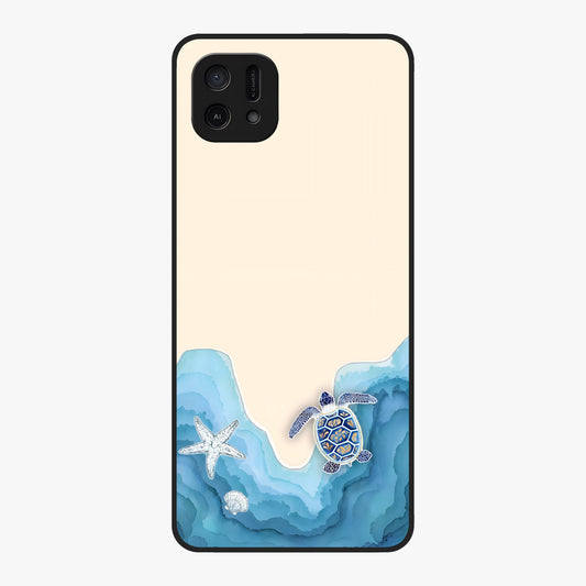 Ocean Drift Turtle Glass Case showing flat back view with sea turtle artwork and glossy glass finish.