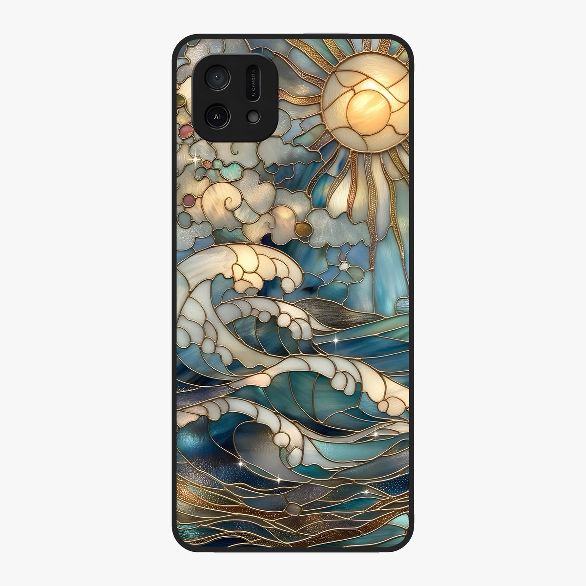 Oceanic Stained Printed Glass Case showing flat back view with ocean inspired stained pattern artwork and glossy glass finish.