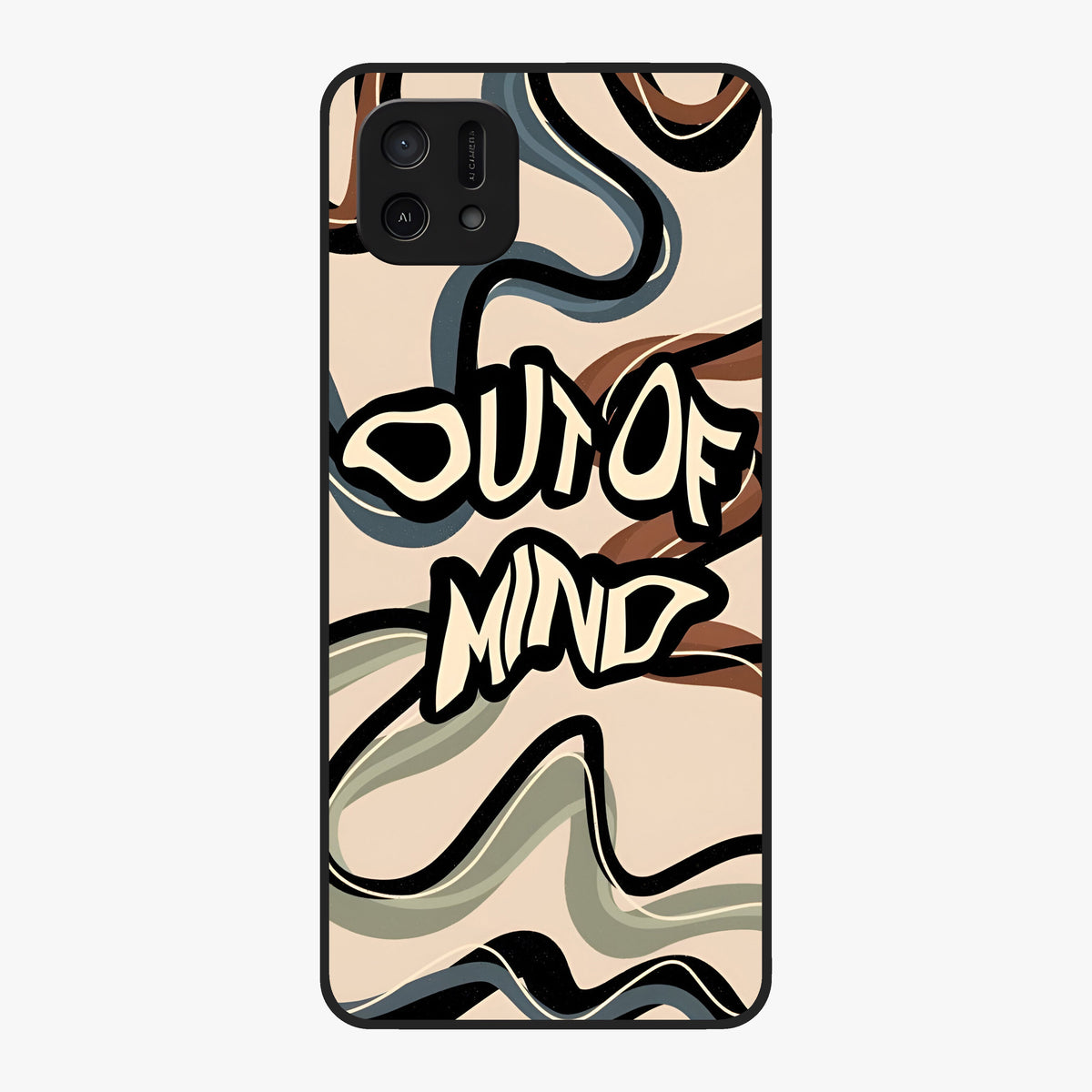 Out Of Mind Glass Case showing flat back view with expressive typography artwork and glossy glass finish.