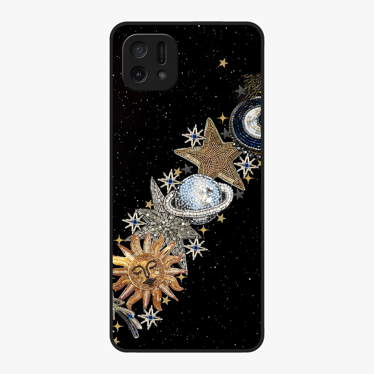 Pearls Universe Object Glass Case showing flat back view with pearl inspired cosmic artwork and glossy glass finish.
