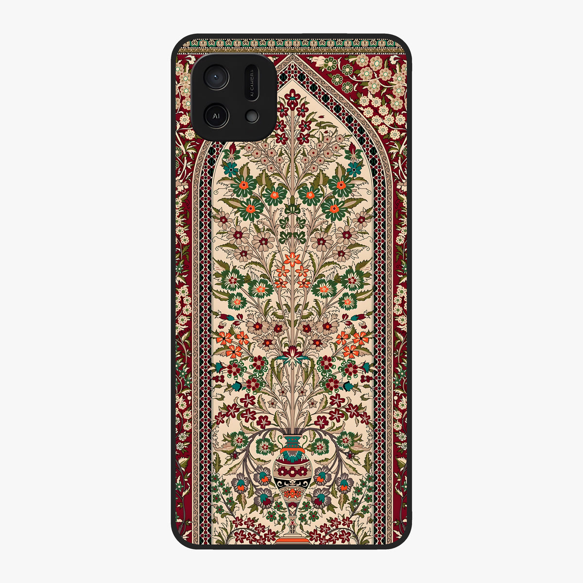 Persian Inspired Glass Case showing flat back view with ornate Persian style pattern artwork and glossy glass finish.