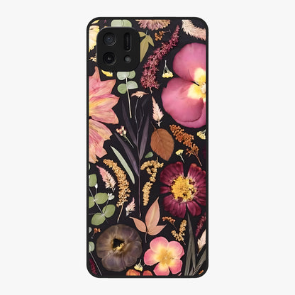 Petal Dream Tapestry Glass Case showing flat back view with intricate floral tapestry artwork and glossy glass finish.