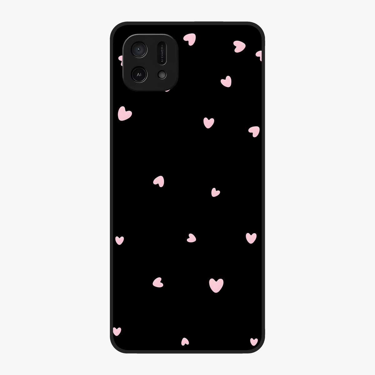 Pink Love Drops Glass Case showing flat back view with playful pink heart drops artwork and glossy glass finish.