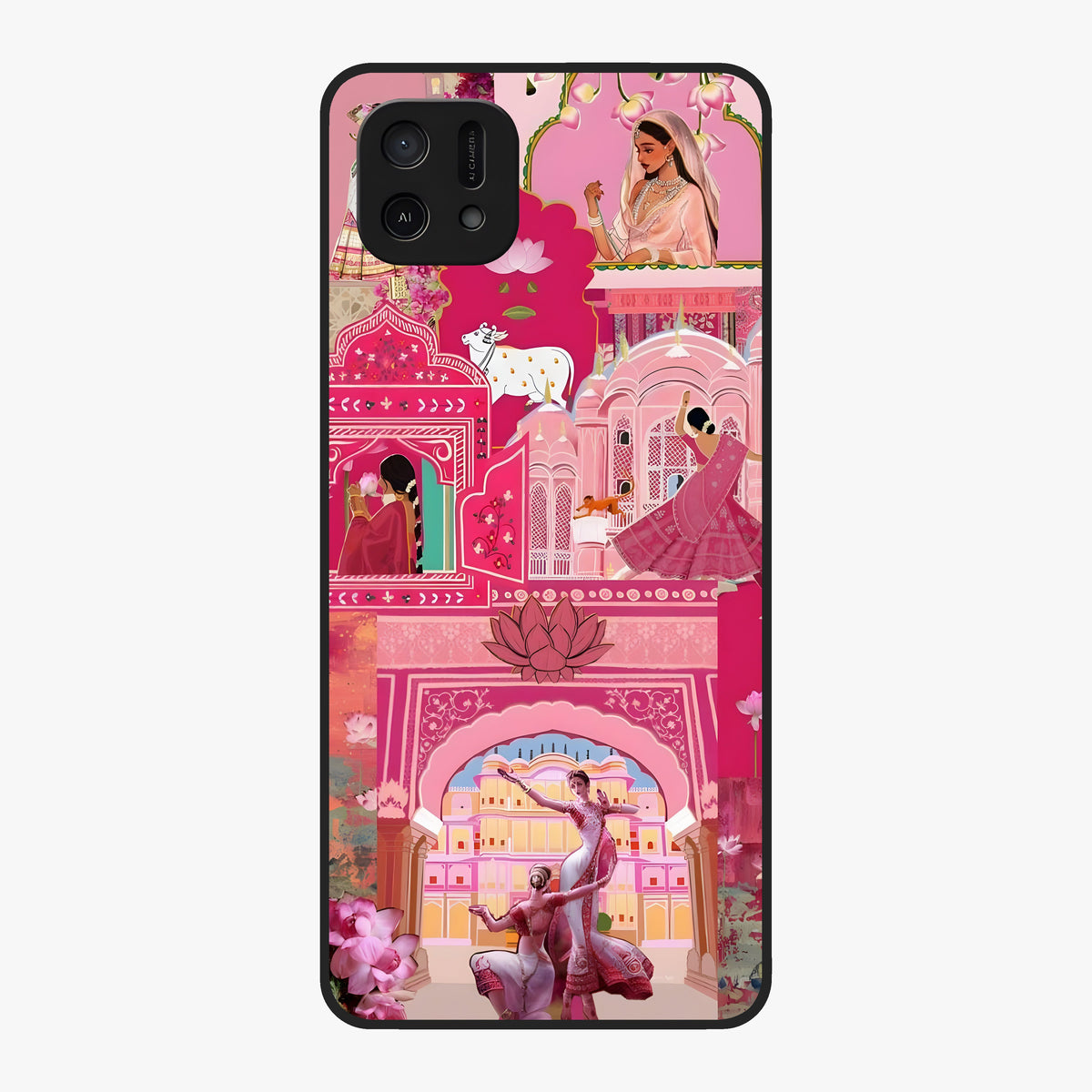 Pink Palace Muse Glass Case showing flat back view with elegant palace inspired artwork and glossy glass finish.