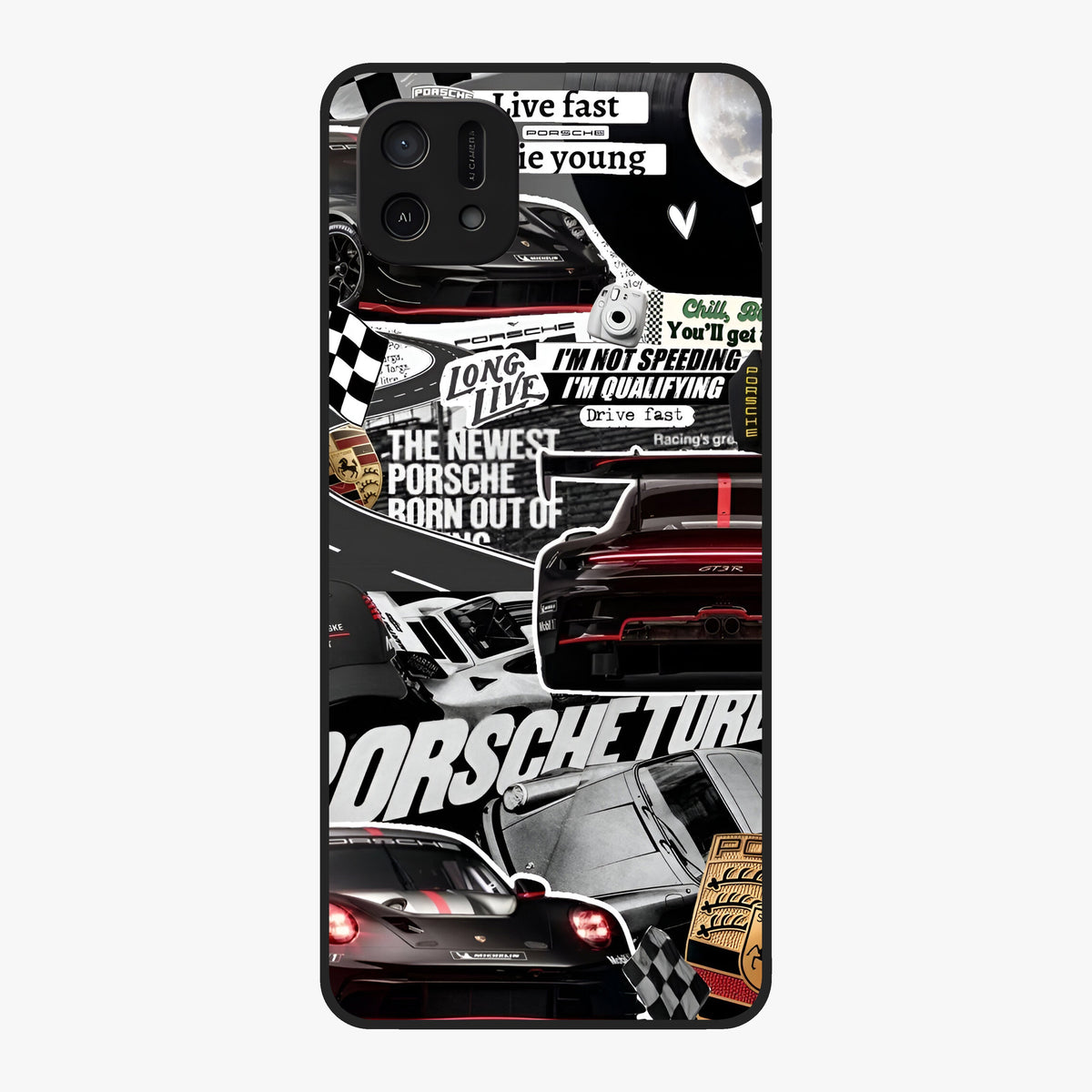Porsche Racing Collage Glass Case showing flat back view with sports car racing collage artwork and glossy glass finish.