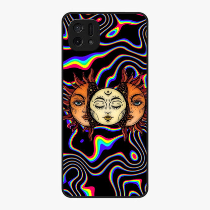 Psychedelic Sun Glass Case showing flat back view with colorful psychedelic sun artwork and glossy glass finish.