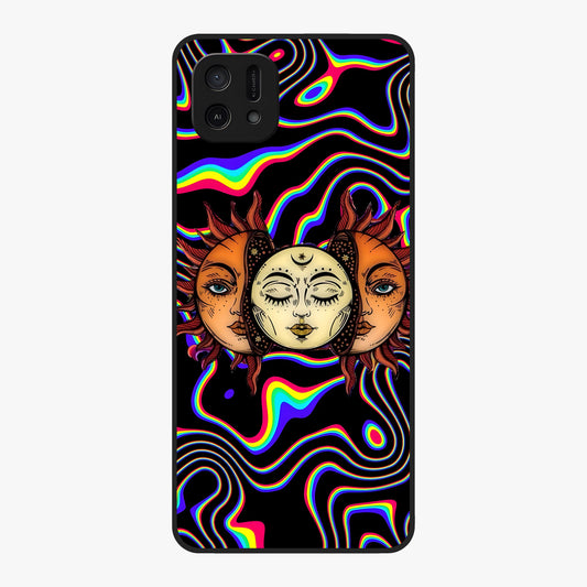 Psychedelic Sun Glass Case showing flat back view with colorful psychedelic sun artwork and glossy glass finish.