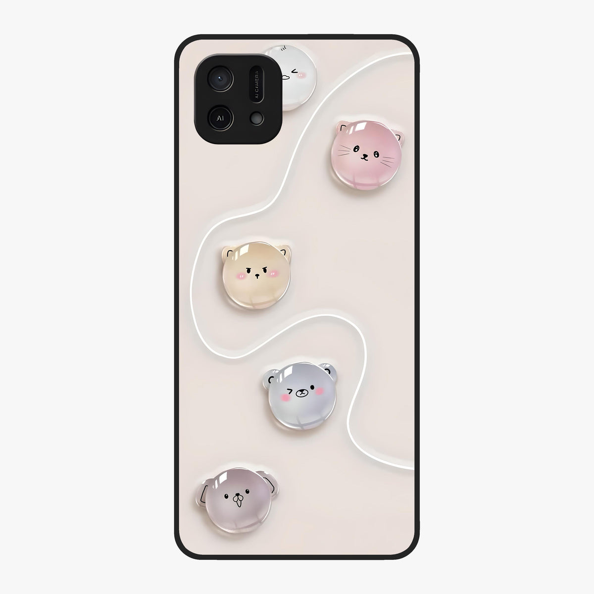 Puffy Face Parade Glass Case showing flat back view with cute puffy character faces artwork and glossy glass finish.