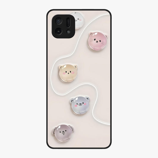 Puffy Face Parade Glass Case showing flat back view with cute puffy character faces artwork and glossy glass finish.