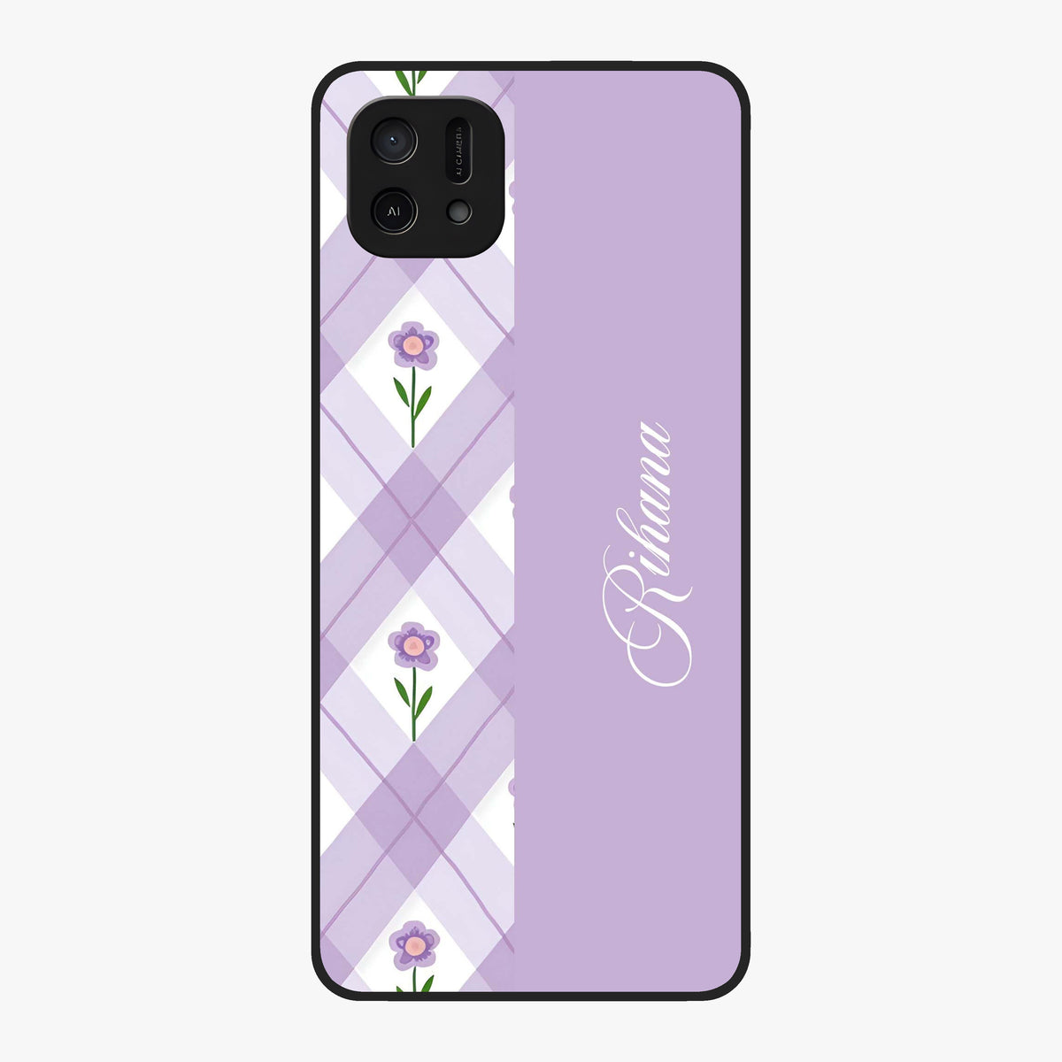 Purple Diamond Floral Glass Case showing flat back view with diamond shaped floral artwork and glossy glass finish.