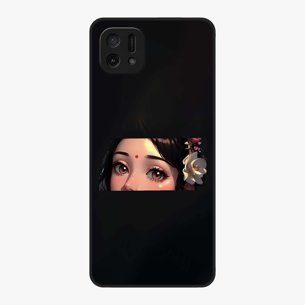 Radha Divine Embrace Glass Case showing flat back view with devotional Radha artwork and glossy glass finish.